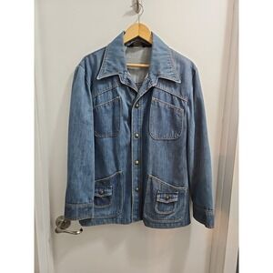 Vintage Sears The Mens Store Blue Denim Jacket Size Large Many Pockets 70s Style
